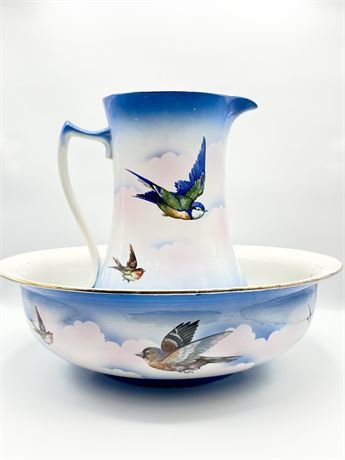 Blue & White Porcelain Pitcher & Wash Basin With Bird Design