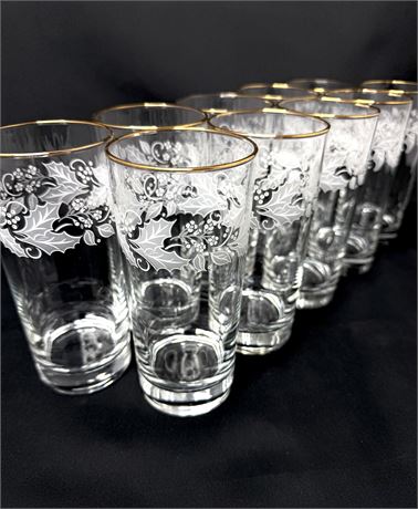 Vintage Set of 10 Etched Holy Berry Glasses with Gold Rims