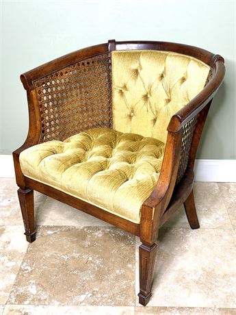 MCM Yellow Velvet Tufted Cane Barrel Back Chair