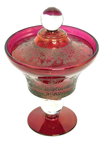 Cranberry Glass Bowl with Gold Flower Etching