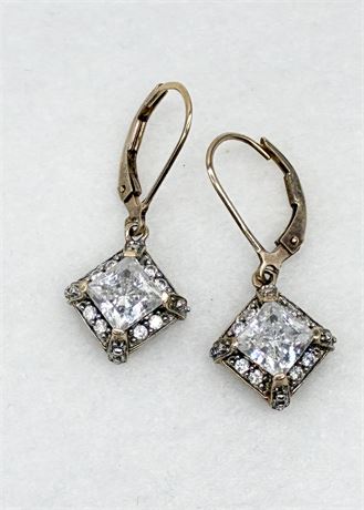 925 ~ Princess Cut CZ Dangle Pierced Earrings