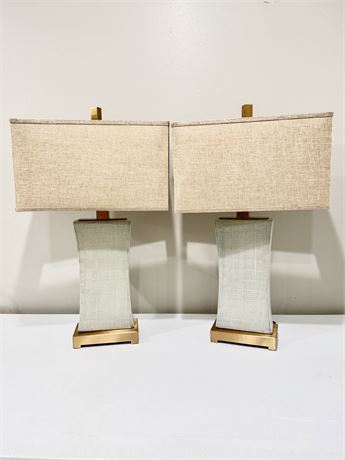 UTTERMOST ~ Pair (2) Ceramic Table Lamp With Brushed Bronze Metal Fi