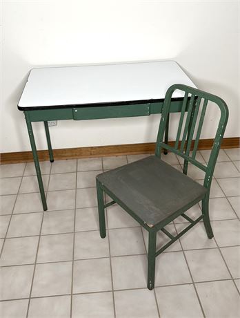 Vtg Enamel Table With Metal Base and Metal Chair From Loyola University