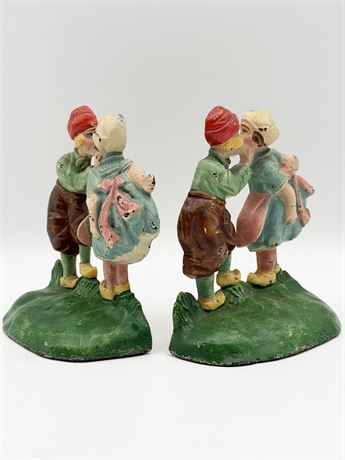 HUBLEY ~ Pair (2) Cast Iron Boy & Girl Kissing Door Stops/Bookends