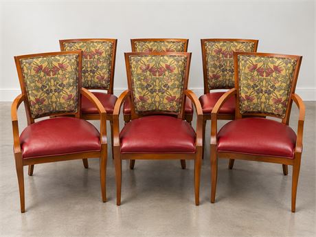 Vtg ~ Wooden Armchair With Red Vinyl Upholstered Seat ~ Patterned Floral Fabric