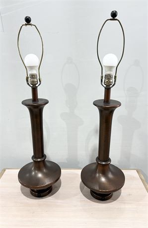 Vtg - Mid-Century Hammered Bronze Finish Table Lamps ~ Set of 2