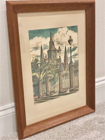 N LUCKOW ~ Vtg Watercolor Print ~ “St. Louis Cathedral”