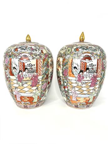 Set of 2 Chinese Hand Painted Porcelain Ginger Jars With Lids - 12" Tall