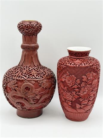 Pair (2) Asian Red Cinnabar Lacquer Vases