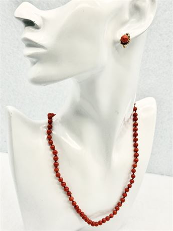 Fashion Coral & Gold Tone Necklace With Matching Earrings