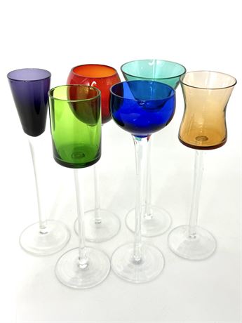 Set of 6 Vintage Multi-Colored Artland Long Stemmed Cordial / Liqueur Glasses