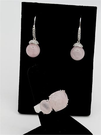 925 ~ Rose Quartz & Sterling Silver Earrings & Ring Set