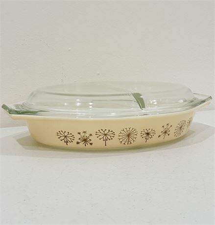 PYREX ~ “Dandelion Duet” ~ Vtg 1.5-Qt Divided Casserole Dish