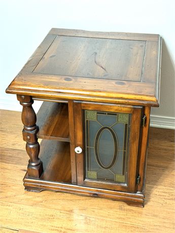 Vintage Wood Side Table with Stained Glass Doors