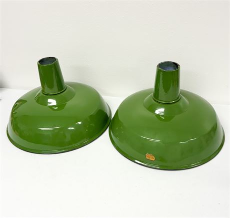 Set of 2 Vtg Porcelain Enamel Industrial Light Fixtures