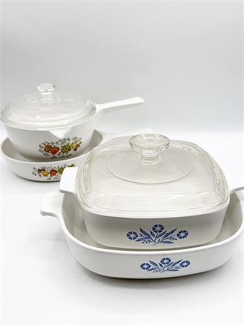 CORNING WARE ~ Cornflower Blue & Spice Of Life 4 Assorted Pieces