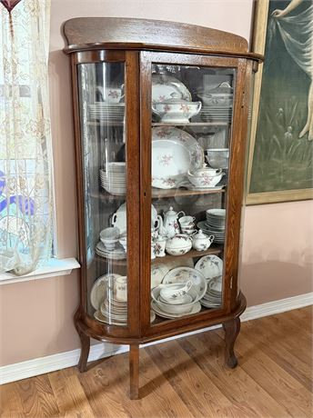 Vtg Tiger Oak Curved Glass China Cabinet