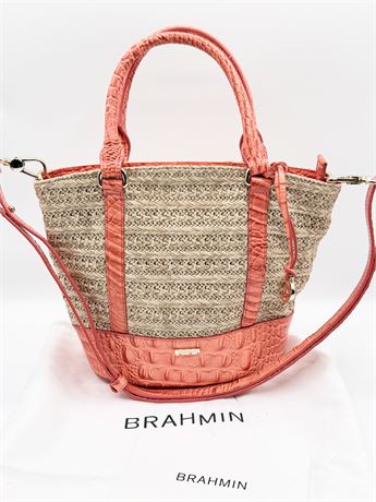 BRAHMIN ~ Bowie ~ Coral Poppy Leather / Straw Handbag