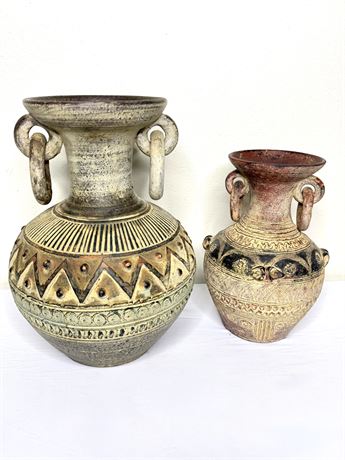 Set of 2 Vintage Hand Made Double Handle Vases