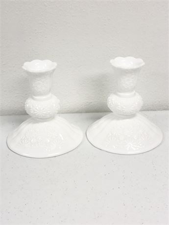FENTON ~ “Daisy & Button” ~ Pair (2) of Milk Glass Candleholders