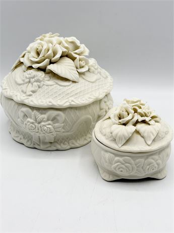 Pair (2) Off White Porcelain Rose Trinket Boxes