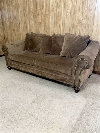 ASHLEY ~ Cocoa Brown Microfiber Sofa With Rolled Arms & Nailhead Trim