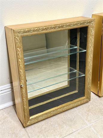 Set of 2 Vintage Ornate Framed Gold Leaf Wall Cabinets with Glass Shelves