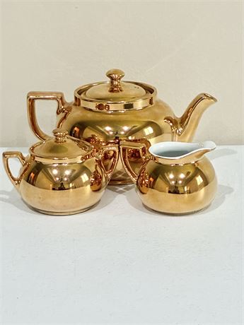 HALL CHINA ~ Golden Glo ~ MCM 3-Piece Gold Lusterware Tea Service set.