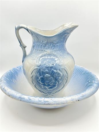 Blue & White Stoneware Pitcher & Wash Basin With Floral Pattern