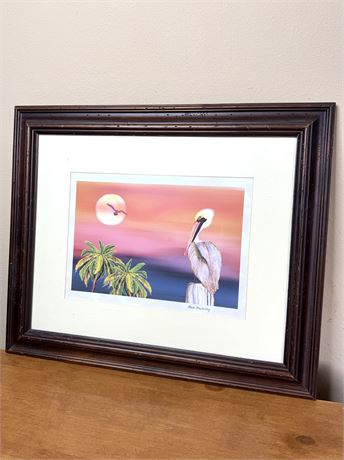 Framed Pelican at Sunset Print by Anne Beverley