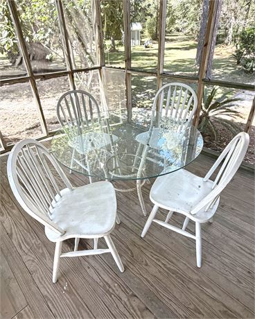 Round Glass Top Table with Iron Base and 4 Solid Wood Chairs