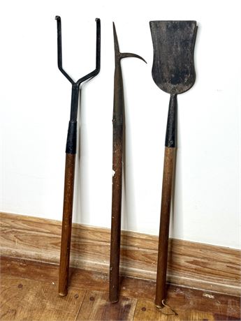 Set of 3 Fireplace Tools with Wood Handles and Wrought Iron Heads