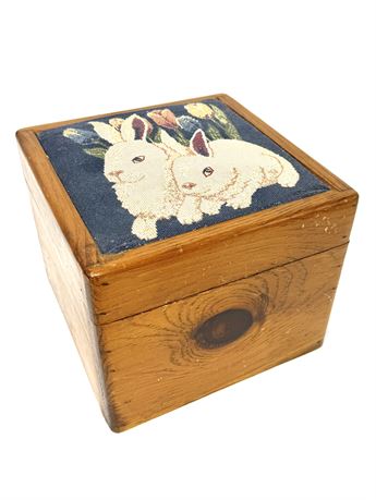 Hand Made Solid Wood Treasure Box with Needlepoint Bunnies on Top