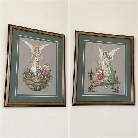 Pair (2) Framed Hand Cross-Stitch Guardian Angel Wall Decor