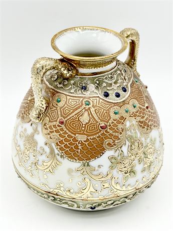 NIPPON ~  Hand Painted Porcelain Moriage Twin Handle Vase