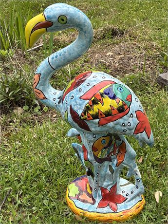 Hand-Crafted Talavera Ceramic Flamingo Statue
