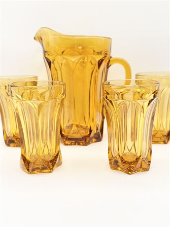 ANCHOR HOCKING ~ Fairfield Amber ~ Pitcher & 4 Flat Tumblers Set