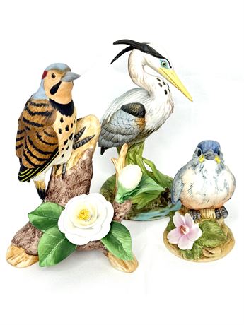Set of 3 Andrea by Sadek Ceramic Bird Statues - Blue Heron and Two Others