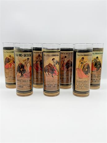 MCM Spanish Barware With Bullfighting Posters Designs ~ Set Of (7)