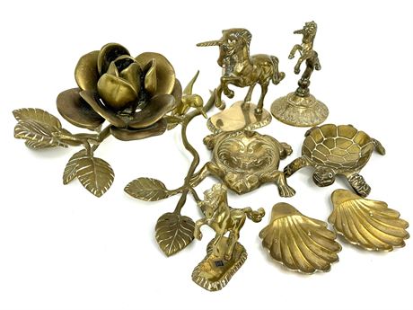 Unique Brass Lot - Rose & Hummingbird, Unicorns, Turtle, Frog, Shells