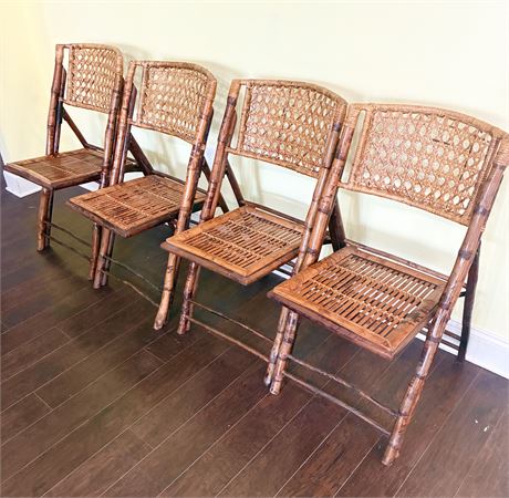 Set of 4 Tortoise-Shell Burnt Bamboo Folding Chairs