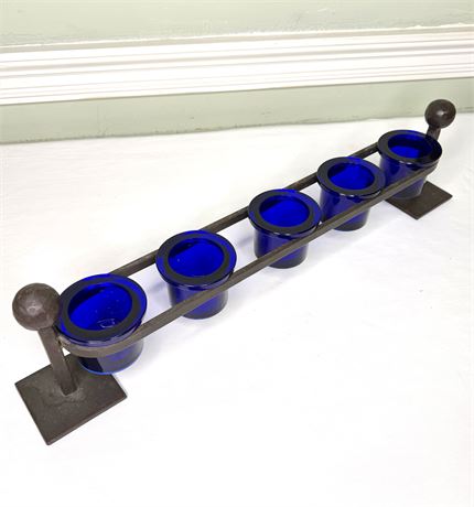 Cast Iron Candle Holder with Blue Cobalt Tea Tight Cups