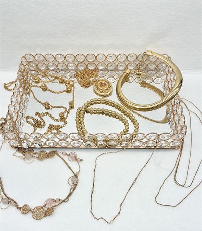 FASHION ~ Lot of 12 Gold-Toned Necklaces W/ Vanity Tray