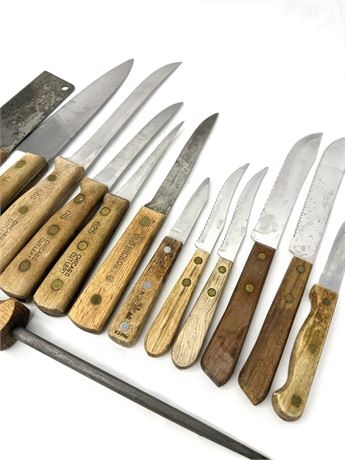 Lot of 12 Wood Handle Knives and 1 Wood Handle Knife Sharpener