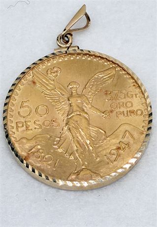 14K GOLD~ (1) Mexican 50 Peso Gold Coin Pendant