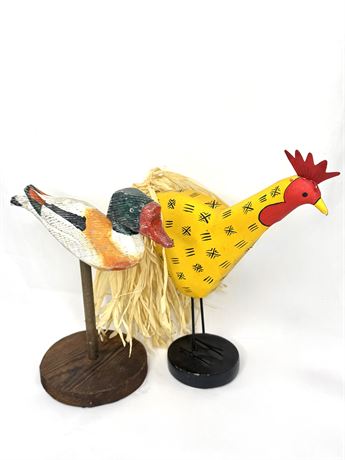 Set of 2 Primative Chicken and Duck Statues with Wood Base