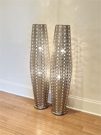 RIVER OF GOODS ~ Pair (2) ~ Polished Silver Column Floor Lamps With Gemstone's