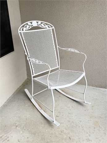 Painted White Wrought Iron Rocking Chair With Vine Design