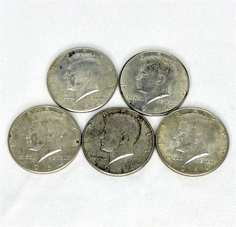 5 Silver 1964 Kennedy Half Dollars