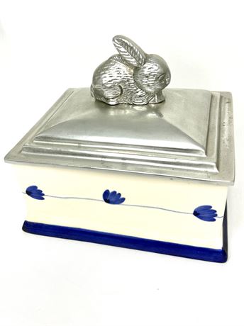 Blue and White Ceramic box with Aluminum Rabbit Lid Made in Mexico